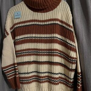 POL Brown and Cream Turtleneck Sweater with Chunky Knit
